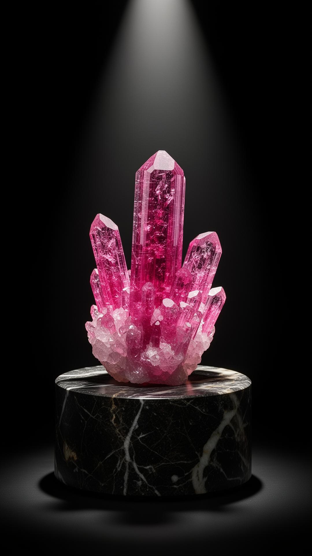 Pink elbaite tourmaline crystal specimen on marble plinth